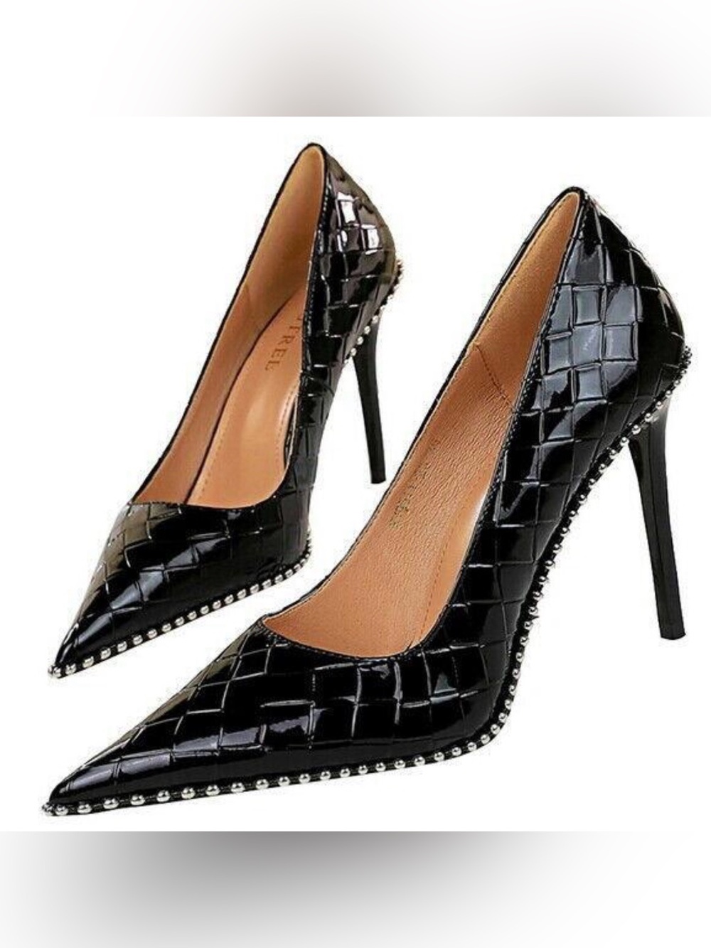 BIGTREE Black Patent Quilted Studded Pointed Toe Heels Size 42 Approx US 9